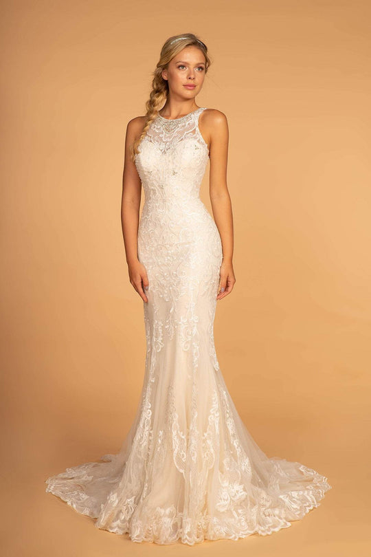Elizabeth K Bridal - GL2597 Embellished Lace Halter Trumpet Gown In White and Neutral