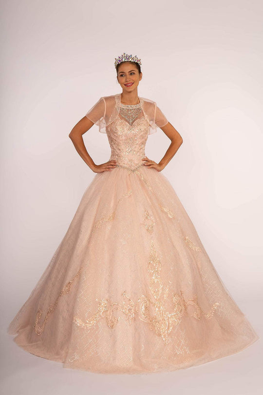 Elizabeth K - GL2600 Beaded Ballgown with Sheer Bolero In Pink