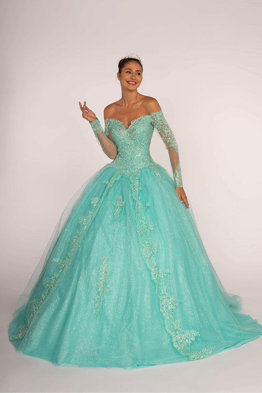 Elizabeth K - GL2603 Crystal Embellished Off-Shoulder Ballgown In Blue