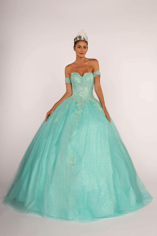 Elizabeth K - GL2604 Strapless Sweetheart Appliqued Glitter Ballgown In Blue and Green
