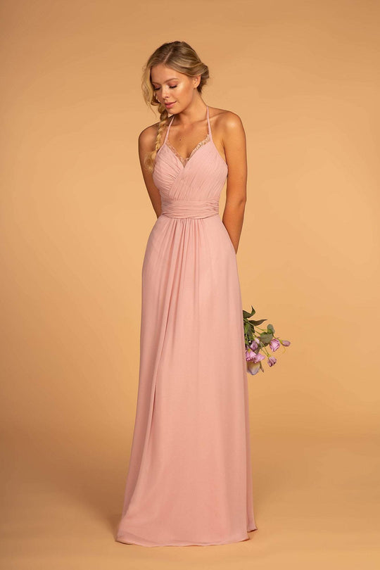 Elizabeth K - Pleated Lace Trimmed Chiffon A-line Dress GL2606 In Pink