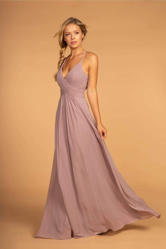 Elizabeth K - GL2609 Plunging V-Neck Pleated Bodice A-Line Gown In Purple