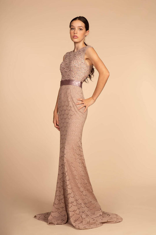 Elizabeth K - GL2613 Sequined Lace Jewel Neck Trumpet Dress in Pink