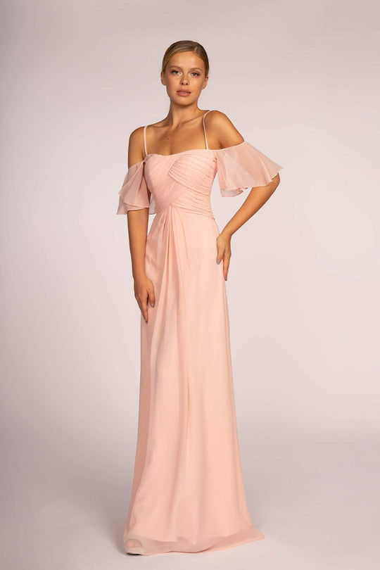Elizabeth K - GL2615 Pleated Straight Across Neck Chiffon Dress In Pink