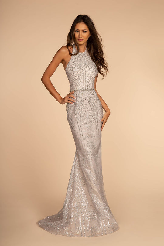 Elizabeth K - GL2642 Embellished Halter Sheath Gown In Gray