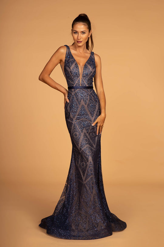 Elizabeth K - GL2646 Embellished Deep V-neck Trumpet Dress In Blue