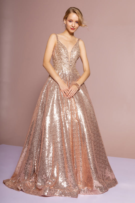 Elizabeth K - GL2652 Sequined Plunging V-Neck Gown In Pink and Gold