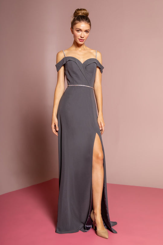 Elizabeth K - GL2665 Surplice Off Shoulder High Slit Gown In Gray