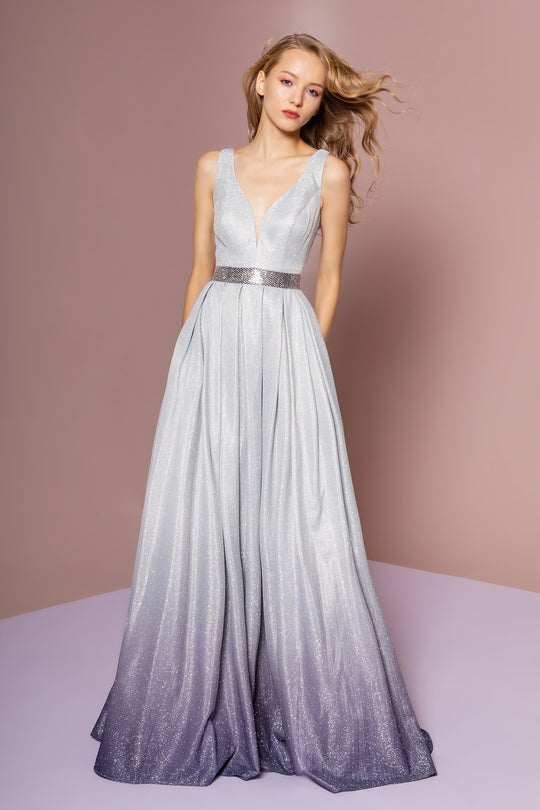 Elizabeth K - GL2671 Ombre Glitter Crepe Deep V-neck A-line Dress In Silver