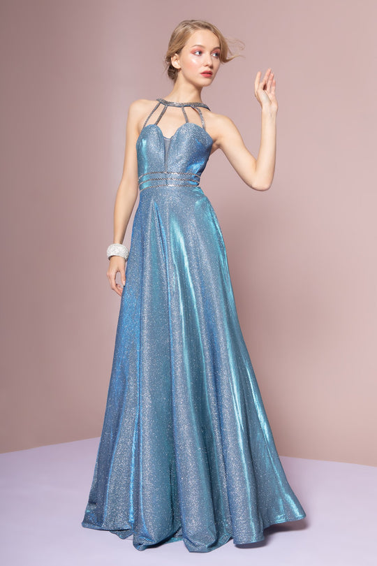 Elizabeth K - GL2672 Glitter Crepe High Neck A-line Gown In Blue