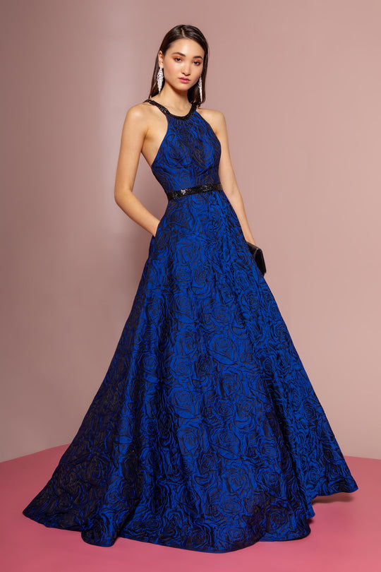 Elizabeth K - GL2676 Embellished Jacquard A-line Dress In Blue