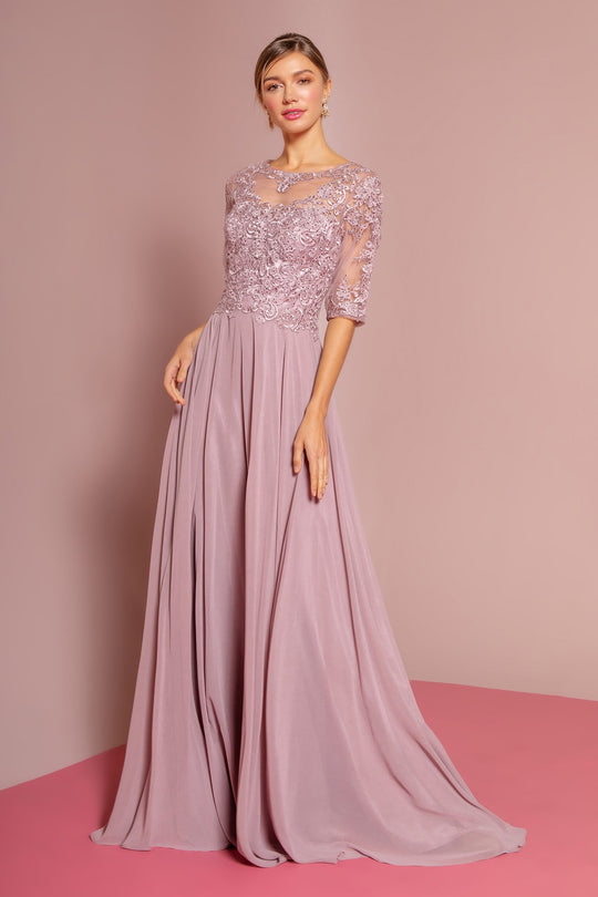 Elizabeth K - GL2681 Half Sleeve Embroidered Illusion Lace Gown In Pink