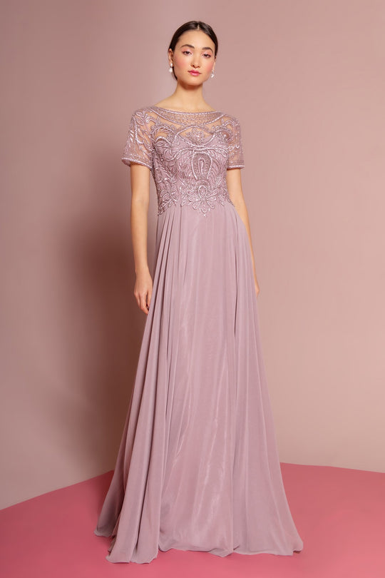 Elizabeth K - GL2683 Floral Embroidered Bateau Dress In Purple