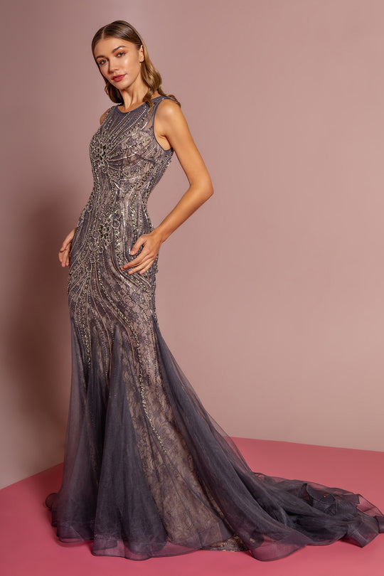Elizabeth K - GL2684 Embellished Lace Mermaid Dress With Train In Gray