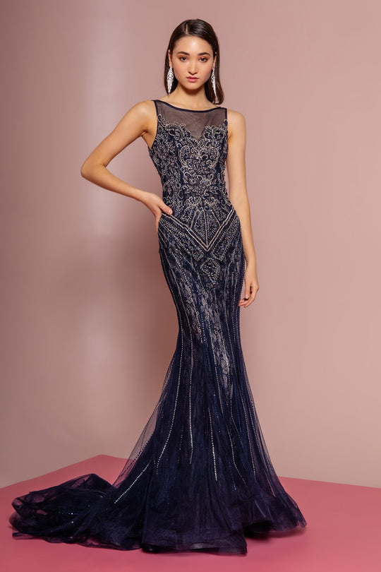 Elizabeth K - GL2685 Lace Bateau Mermaid Dress With Train In Blue
