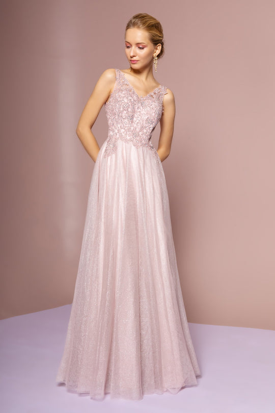 Elizabeth K - GL2692 Embroidered V-Neck A-Line Dress In Purple