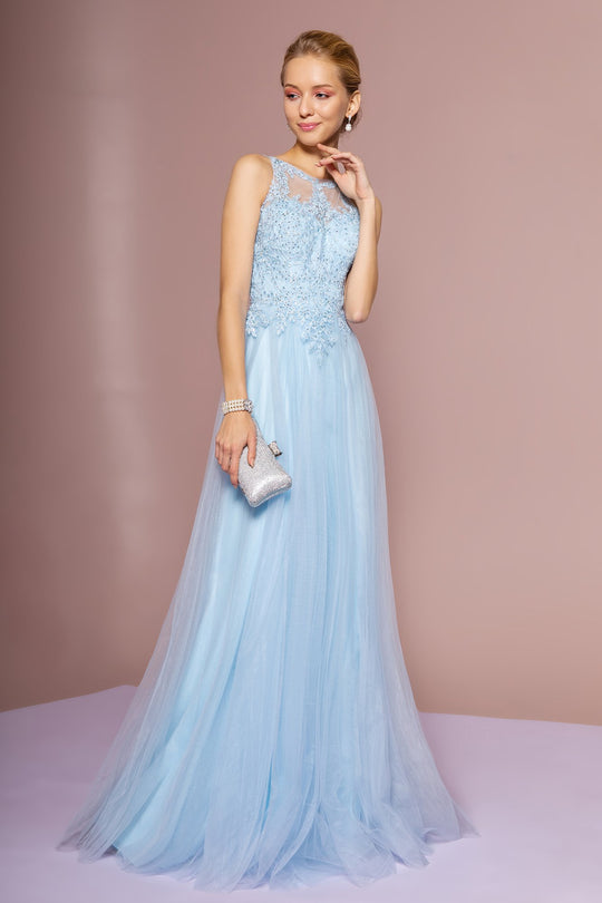 Elizabeth K - GL2693 Beaded Lace A-Line Evening Dress In Blue