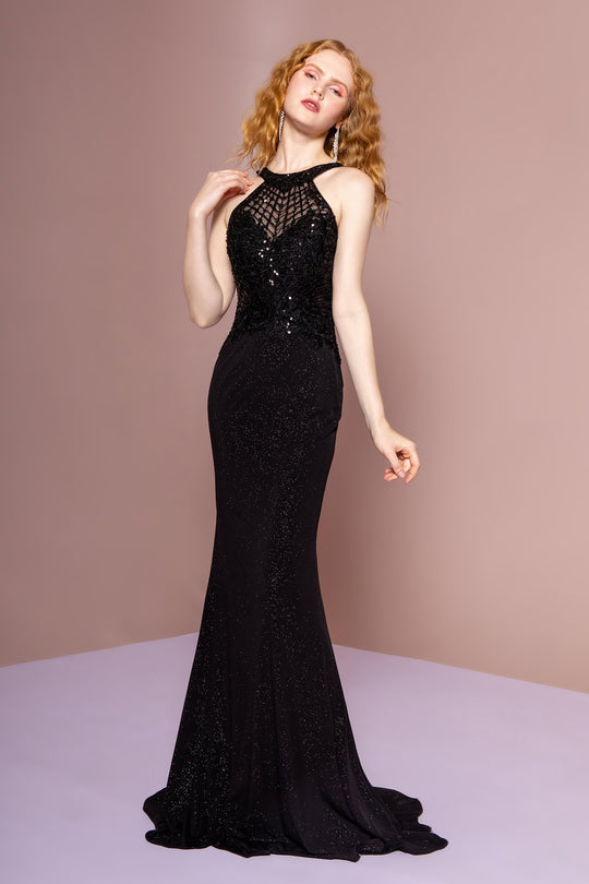 Elizabeth K - GL2695 Embellished Halter Trumpet Dress With Train In Black