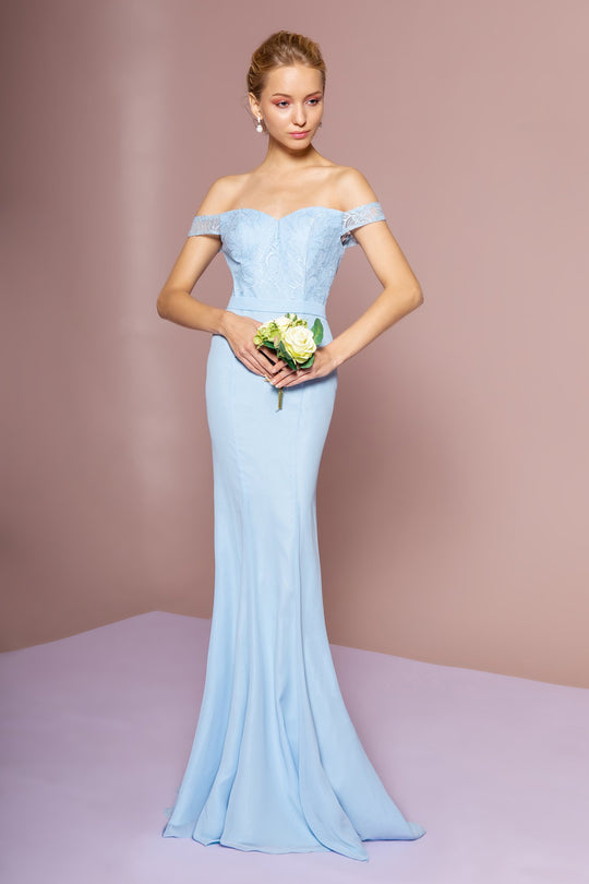 Elizabeth K - GL2697 Off Shoulder Lace Bodice A-Line Gown In Blue