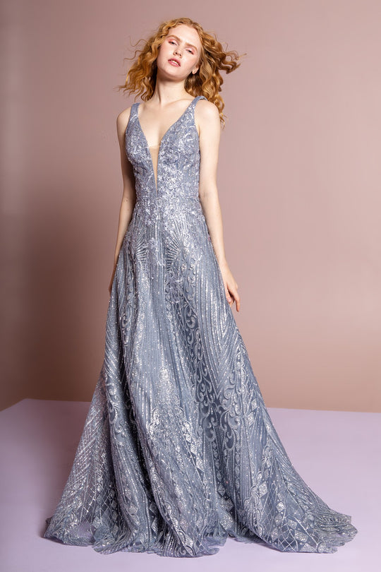 Elizabeth K - GL2698 Embellished Deep V-neck A-line Gown In Silver