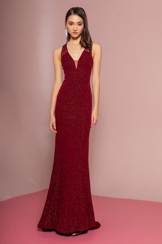 Elizabeth K - GL2704 Glitter Crepe Deep V-neck Trumpet Dress In Red
