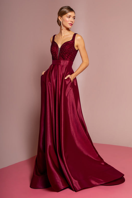 Elizabeth K - GL2705 Embellished Deep V-neck Satin A-line Dress In Red