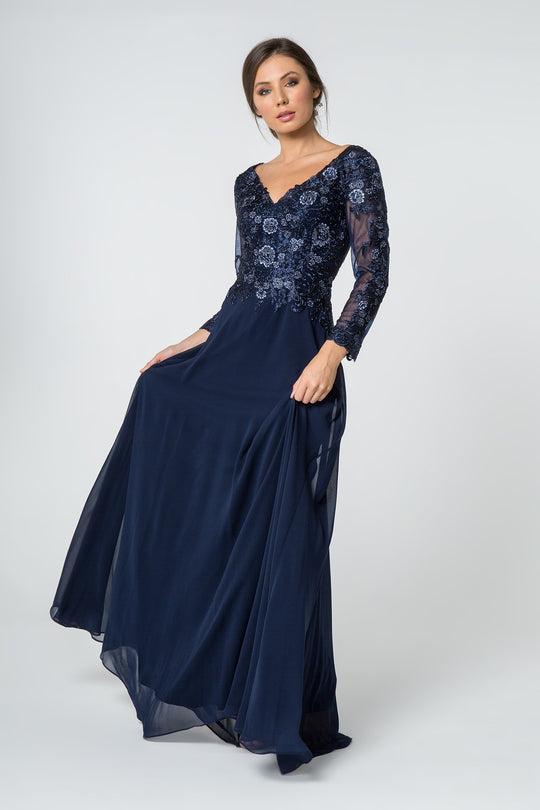 Elizabeth K - GL2825 Embellished V-neck Chiffon A-line Dress In Blue