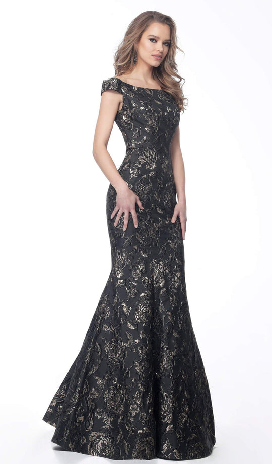Jovani - 62581 Floral Print Jacquard Off-Shoulder Mermaid Dress In Black and Gold