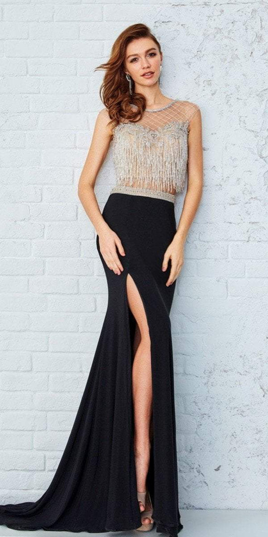 Angela and Alison - Sultry Embellished Fringe Long Evening Gown 771077 in Neutral and Black