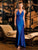 La Femme - 12690 Beaded Wide Straps V-Neck Satin Prom Dress in Blue