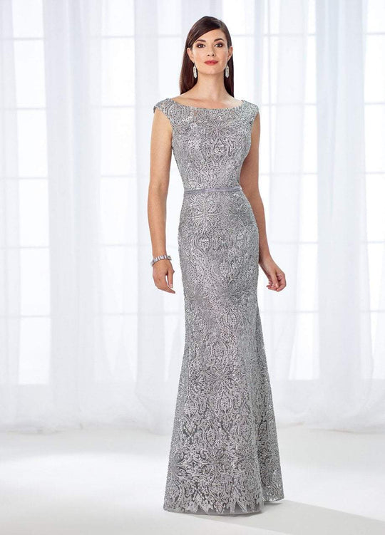 Cameron Blake - 118687 Bateau Neck Lace Fitted Gown In Silver