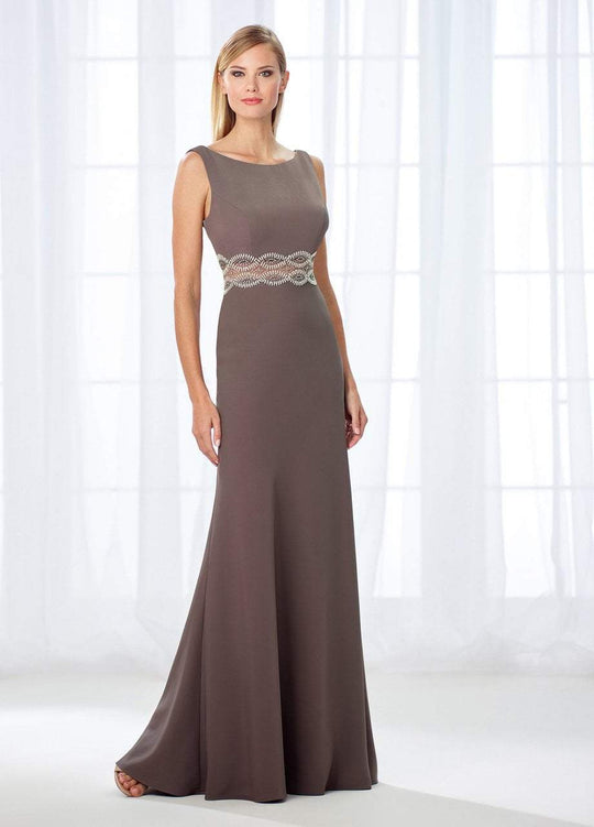 Cameron Blake - 118662 Classic Bateau Beaded Low Back Evening Gown In Brown