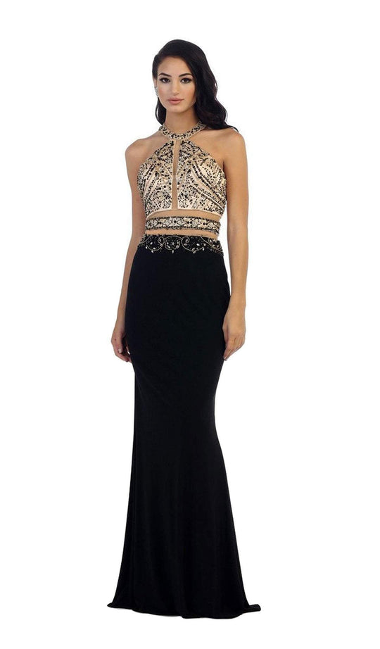 May Queen - Beaded Halter Neckline Illusion Jersey Prom Dress in Black and Gold
