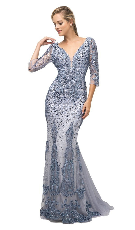 Cinderella Divine - 6481 Quarter Length Sleeves Beaded Lace V Neck Mermaid Gown In Blue