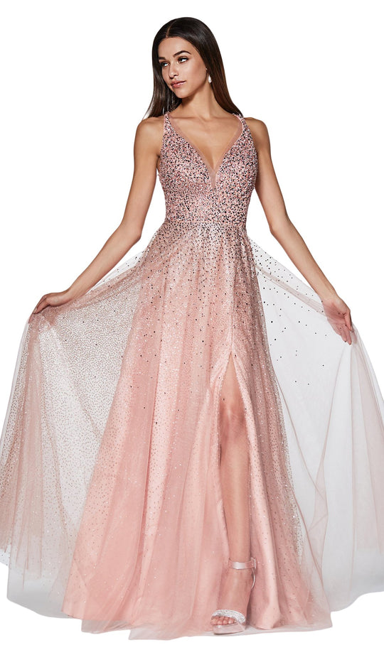 Cinderella Divine - CR822 Bead-Sprinkled Bodice High Slit Gown In Pink