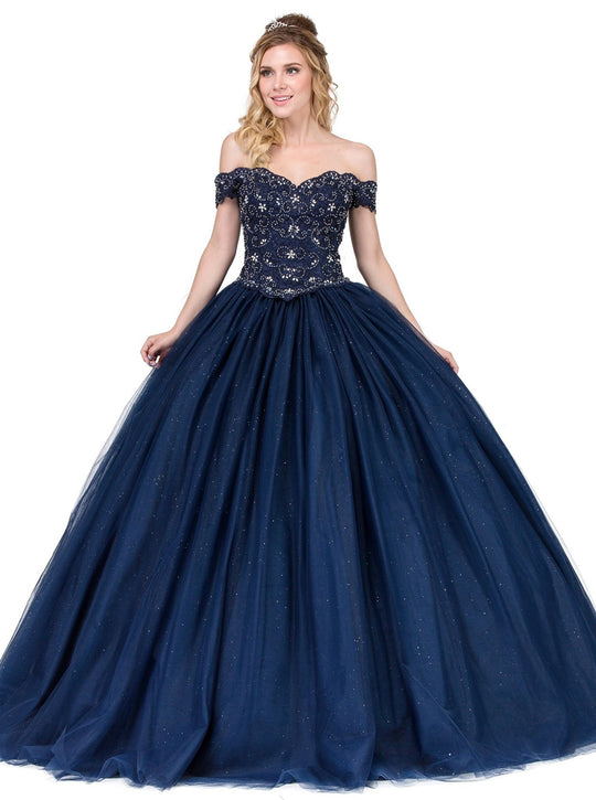 Dancing Queen - 1318 Beaded Off- Shoulder Quinceanera Dress In Blue