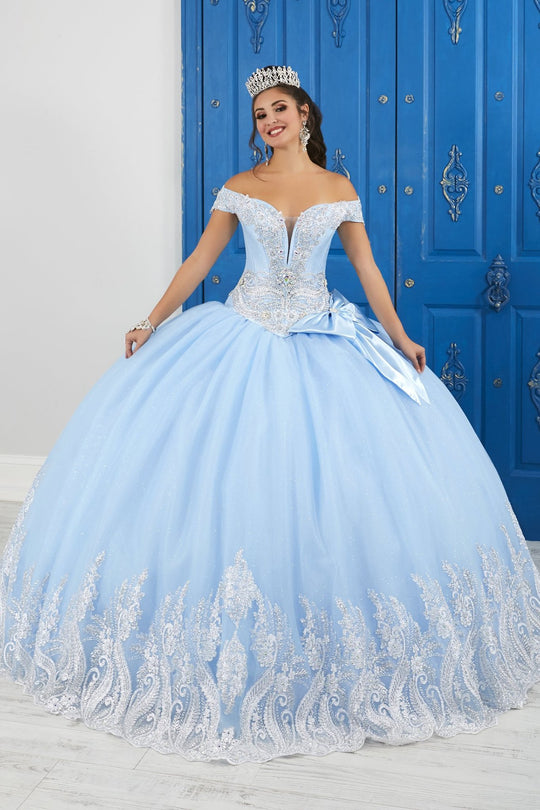 LA Glitter - 24043 Beaded Lace Corset Glitter Tulle Ballgown In Blue and Silver