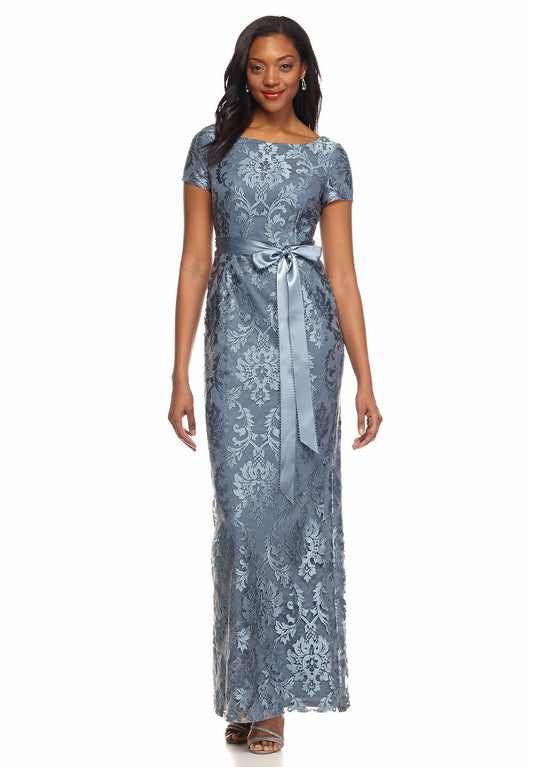Adrianna Papell - 81920840 Embroidered Floral Lace Short Sleeves Dress in Blue