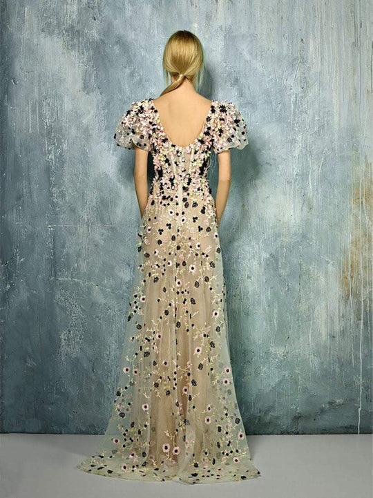 Beside Couture By Gemy - BC1254 Puff Sleeves Embroidered Sheath Gown In Pink and Yellow