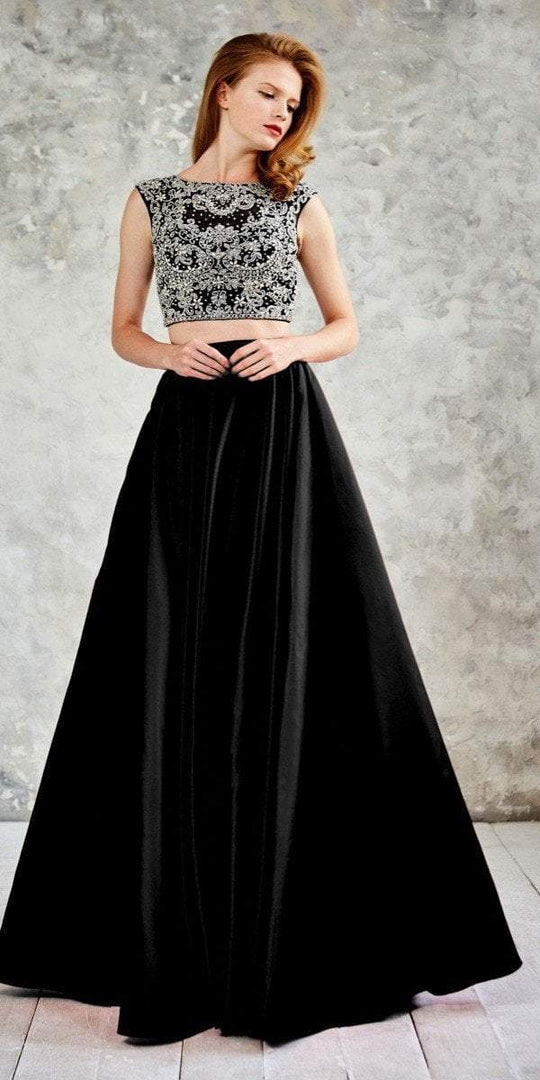 Angela and Alison - Intricately Beaded Bateau Illusion Long Evening Gown 771109 in Black