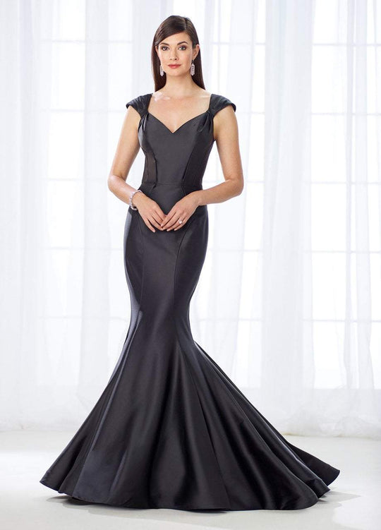 Cameron Blake - 118661 Cap Sleeve Pleated Stretch Satin Mermaid Gown  In Black