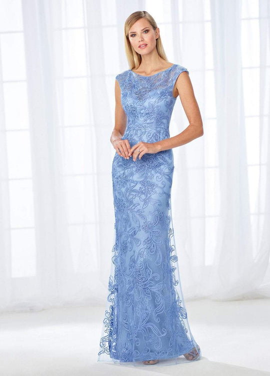 Cameron Blake - 118676 Cap Sleeve Lace and Ribbonwork Evening Gown  In Blue