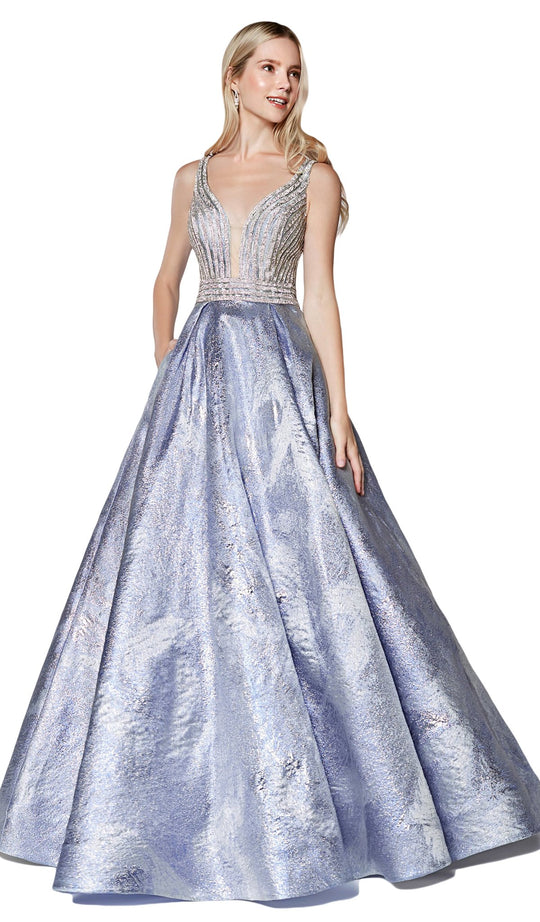 Cinderella Divine - CM304 Beaded Plunging V-Neck Ballgown In Blue
