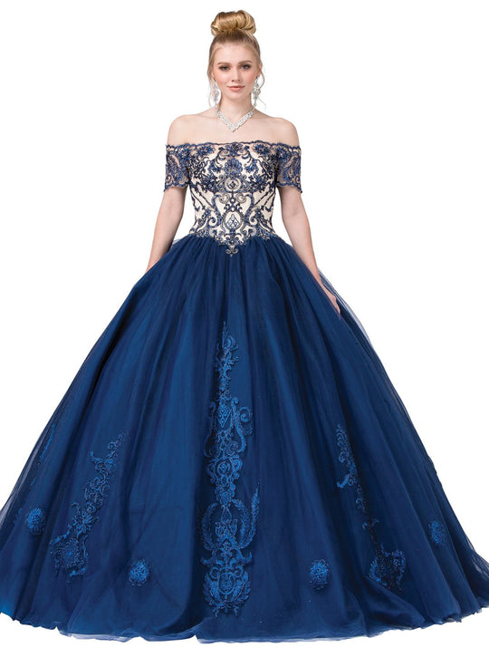 Dancing Queen - 1391 Embroidered Off-Shoulder Ballgown In Blue