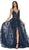 Cinderella Divine - CM9015 Glitter Print A-Line Gown with Slit In Blue