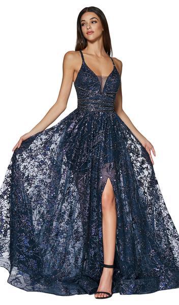 Cinderella Divine - Glitter Print A-Line Gown with Slit CM9015 In Blue