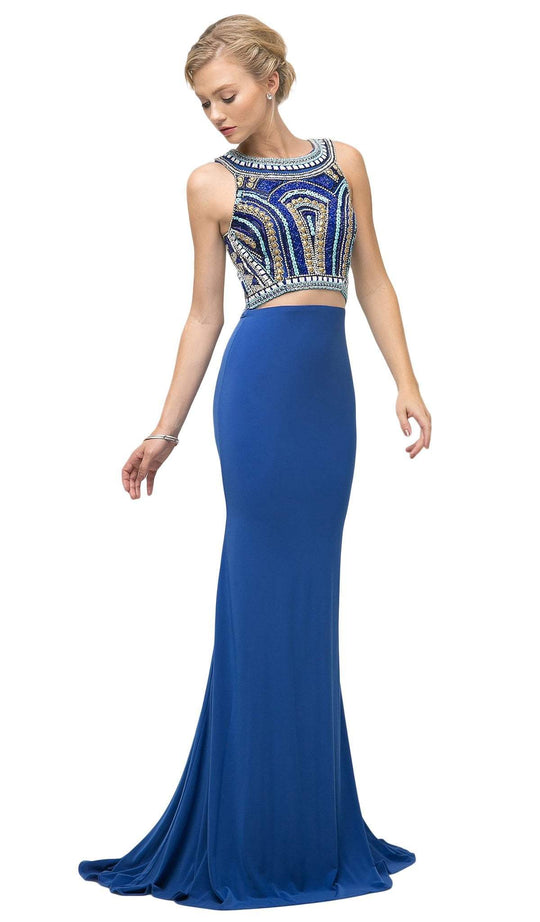 Cinderella Divine - CK39 Two Piece Beaded Halter Trumpet Dress In Blue