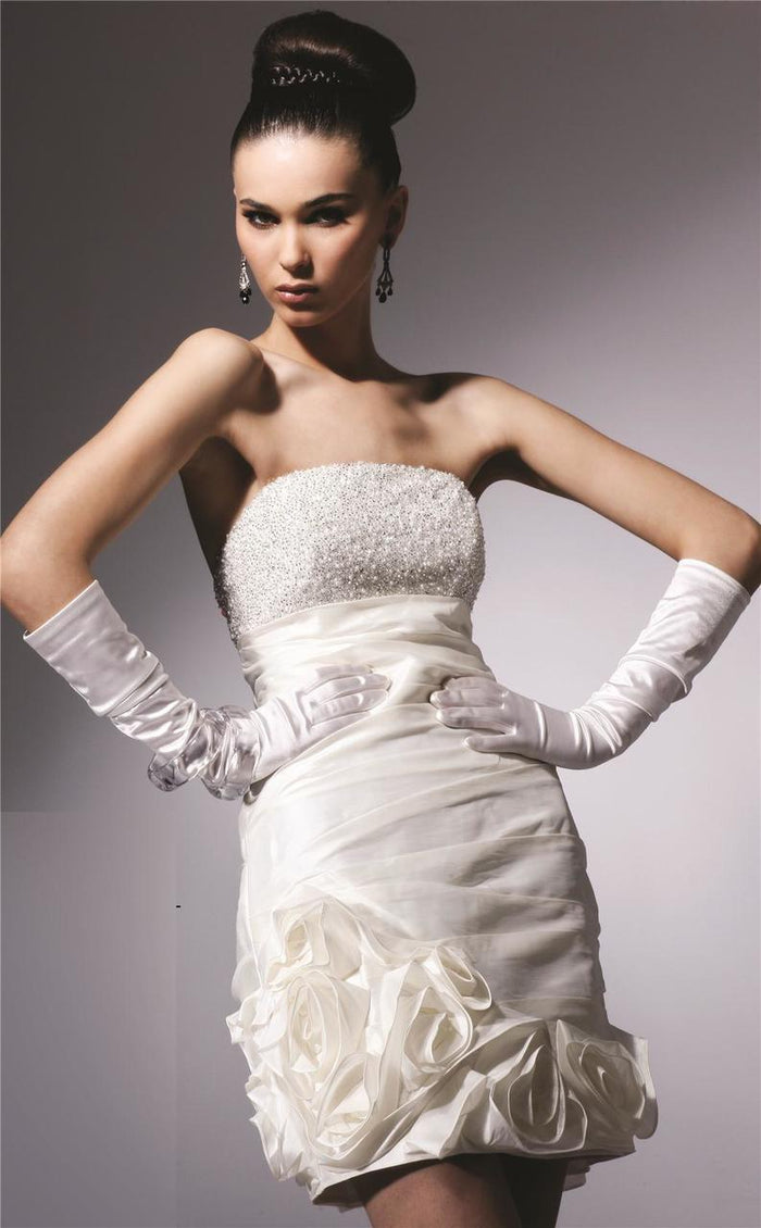 Blish - Glittering Strapless Rosette Mini Party Dress 9083 in White