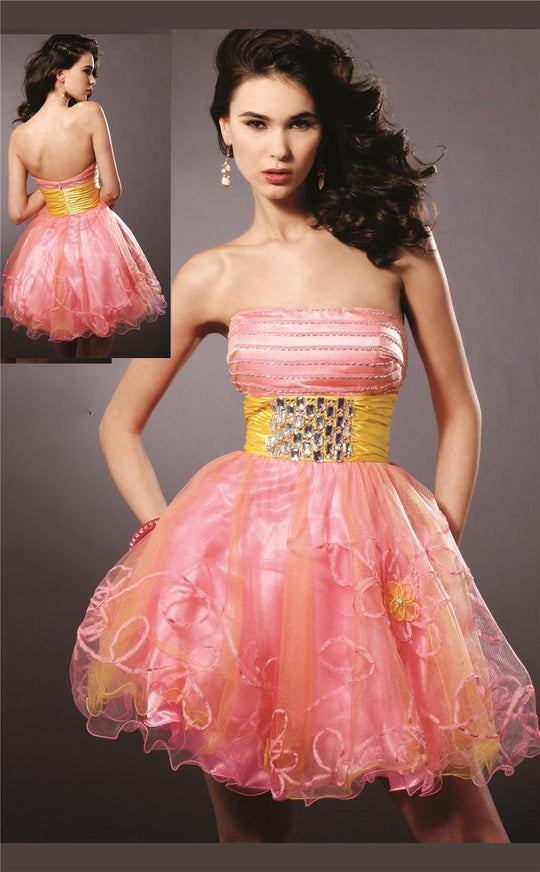 Blush - Embellished Straight Neck Curled A-line Dress 9123 in Pink and Yellow