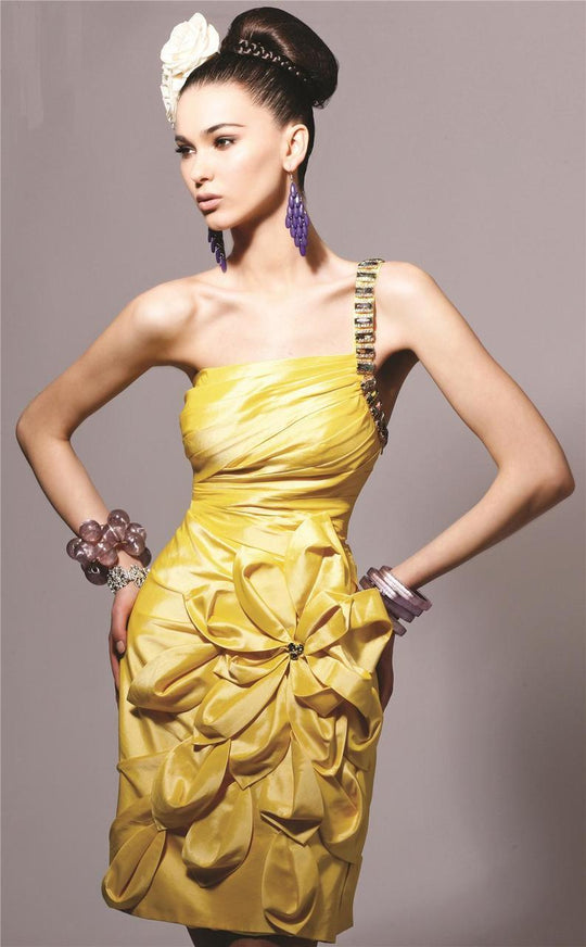 Blush - One Shoulder Strap Floral Cocktail Dress 9152 in Yellow